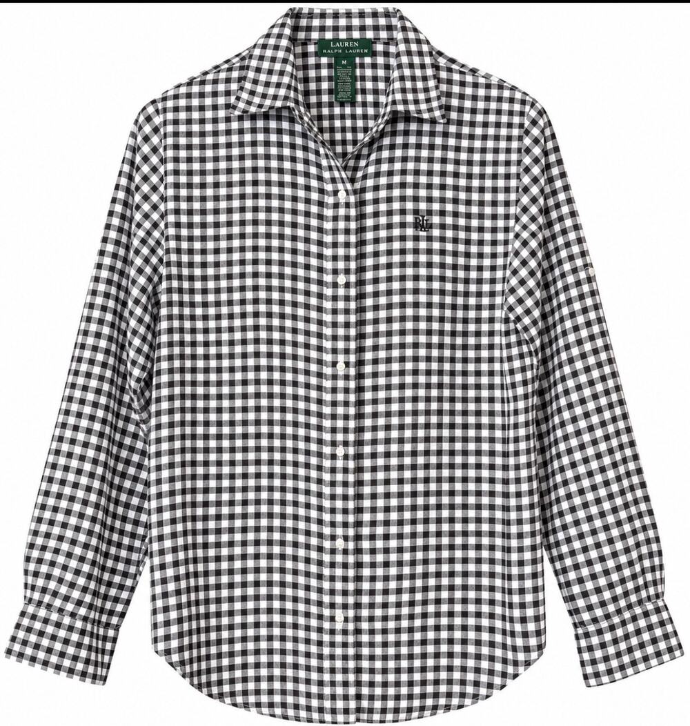 Ralph Lauren Black White Gingham Linen Snap Front Shirt Roll Sleeve